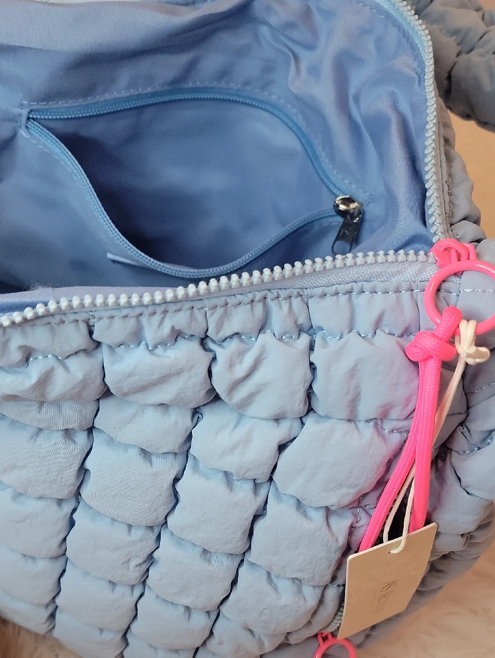 As Revival Carry All Quilted Puffer Hobo Bag in Light Blue with Neon Pink Accent